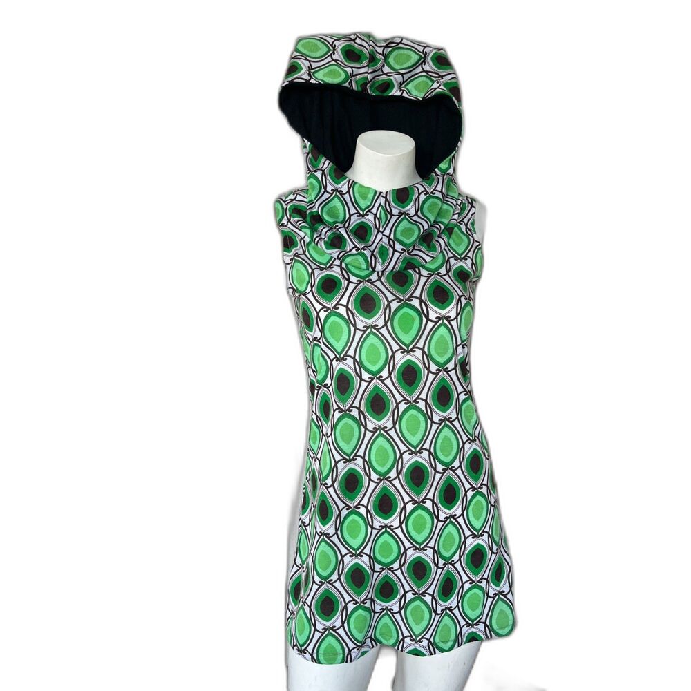 Hooded Mod Mini Dress Green Geometric Festival Y2K